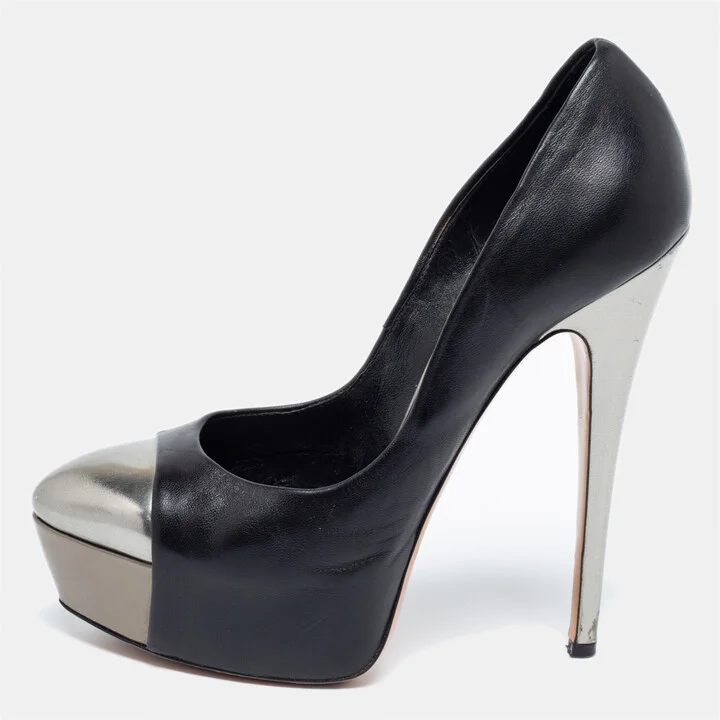 Casadei Black/Silver Leather Cap Toe Platform Pumps Size 38