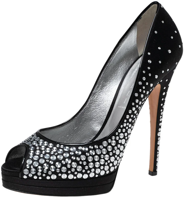 Casadei Black Studded Satin Peep-Toe Platform Pumps Size 40.5