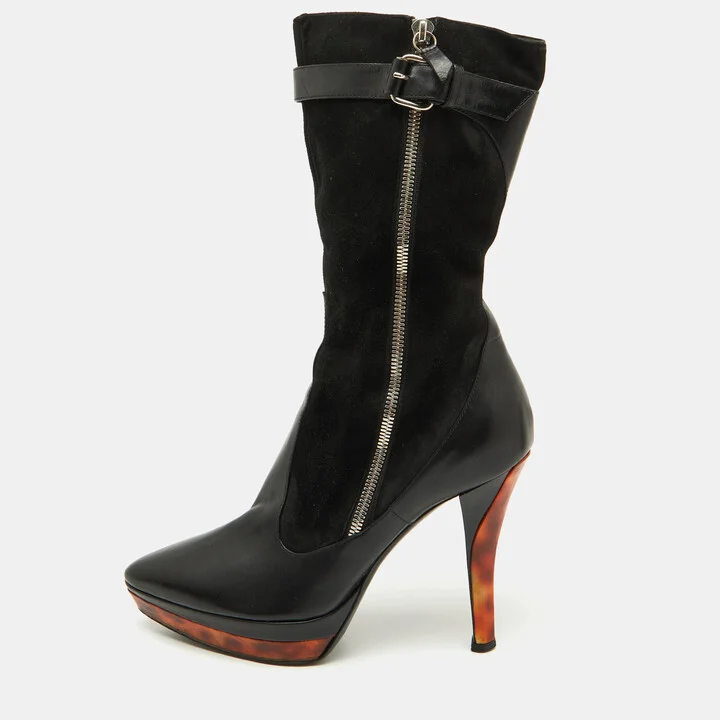 Casadei Black Suede and Leather Platform Ankle Length Boots Size 37.5