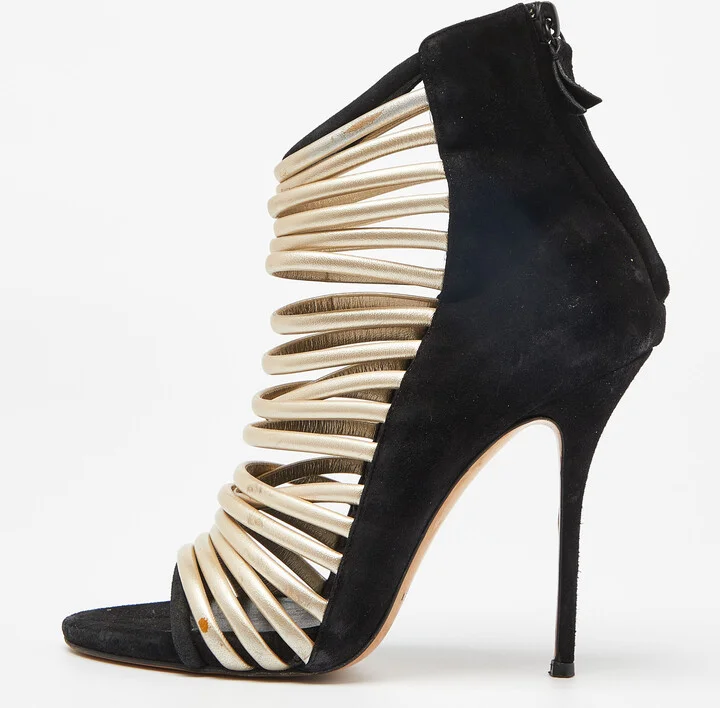 Casadei Black Suede and Leather Strappy Zip Sandals Size 37