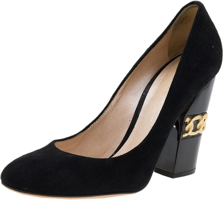 Casadei Black Suede Chain Block Heel Round Toe Pumps Size 38.5