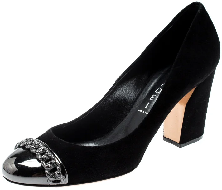 Casadei Black Suede Chain Detail Metal Cap Toe Pumps Size 38