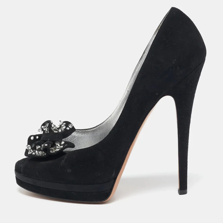 Casadei Black Suede Crystal Embellished Bow Peep Toe Pumps Size 38.5