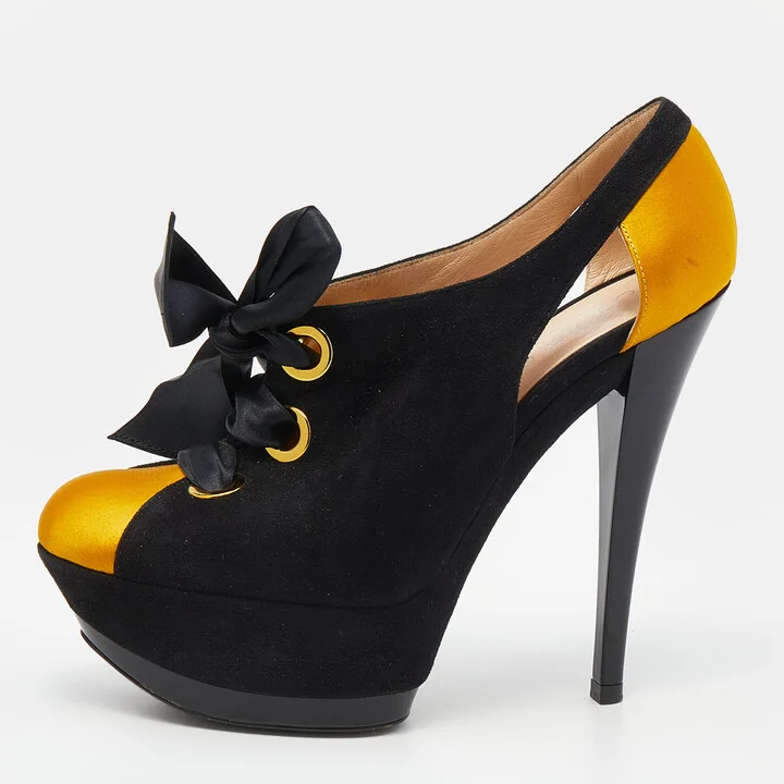 Casadei Black/Yellow Suede And Satin Lace Up Platform Booties Size 37.5
