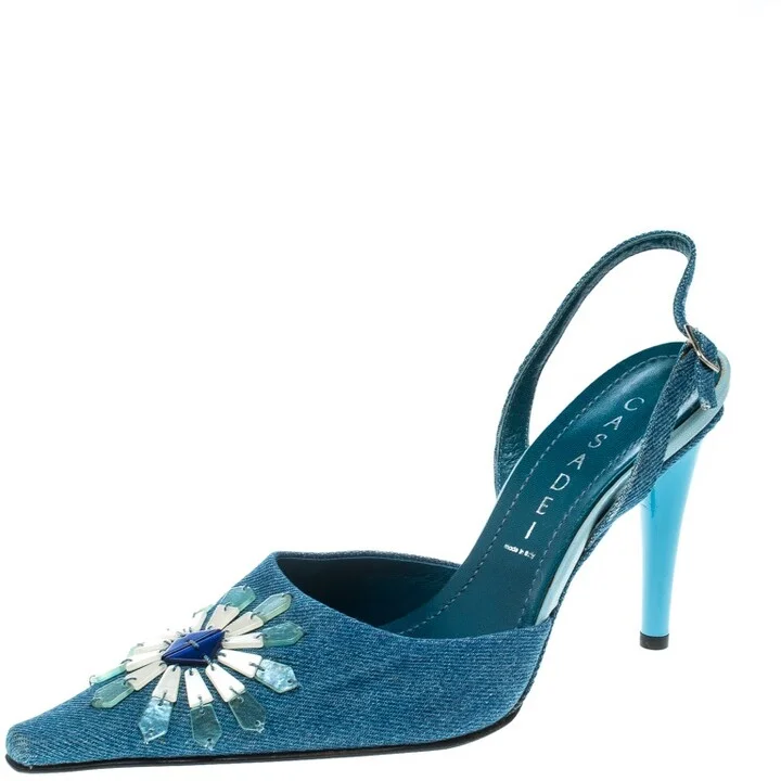 Casadei Blue Denim Pointed Toe Slingback Sandals Size 37.5