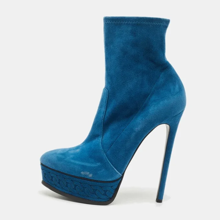 Casadei Blue Suede Chain Embossed Ankle Sock Boots Size 39.5