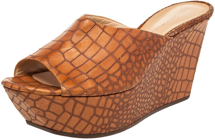 Casadei Brown Croc Embossed Leather Platform Wedge Sandals Size 41