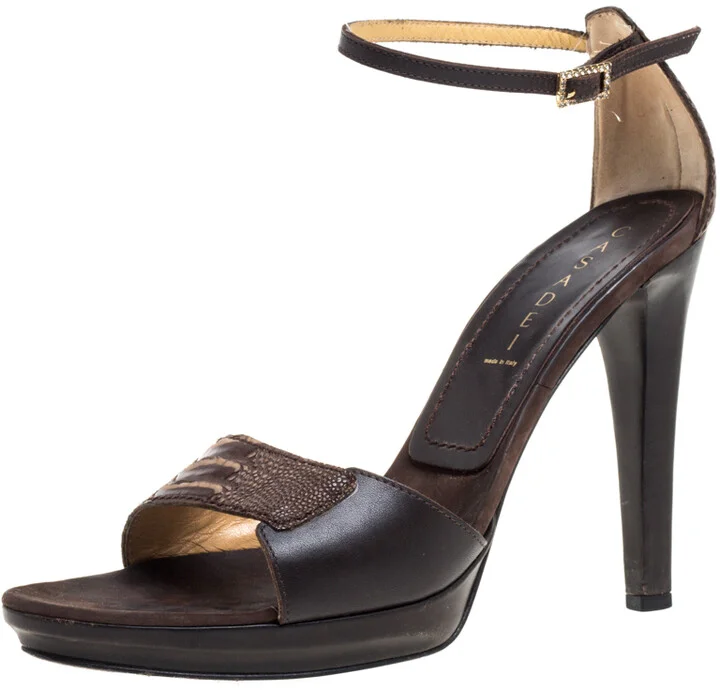 Casadei Brown Leather and Ostrich Leg Ankle Strap Platform Sandals Size 40
