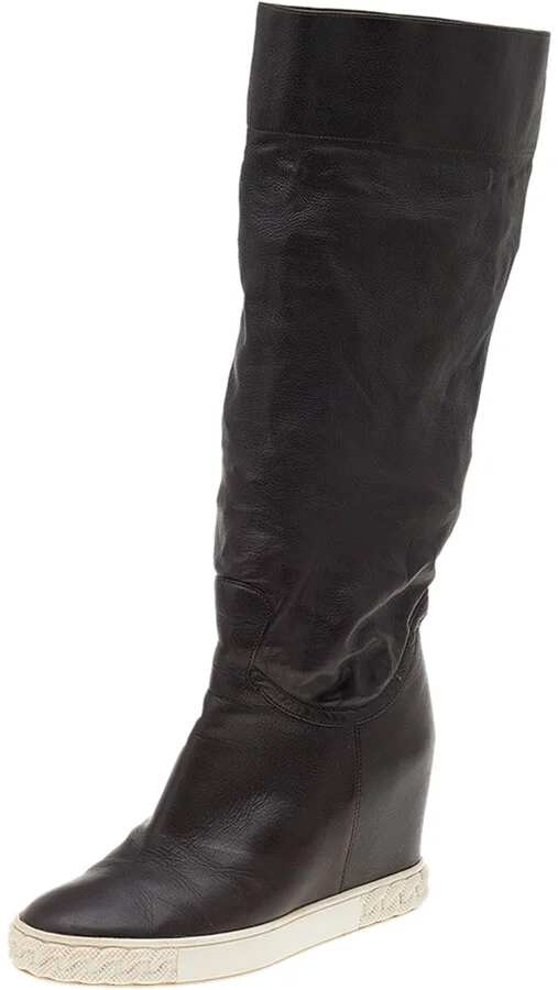 Casadei Brown Leather Wedge Mid Calf Boots Size 38
