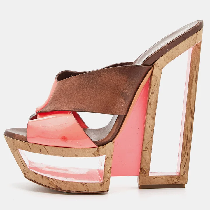 Casadei Brown/Orange Leather and Patent Wedge Platform Slide Sandals Size 36