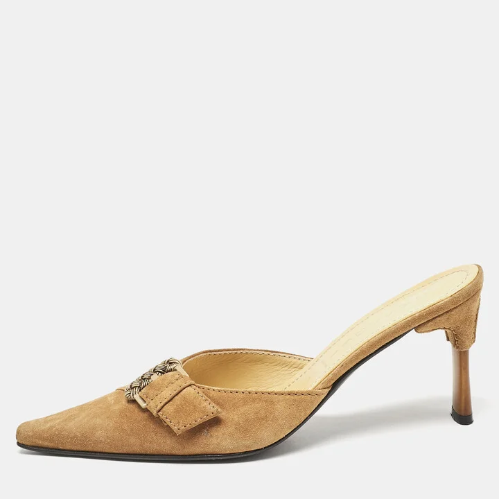 Casadei Brown Suede Buckle Pointed Toe Mules Size 38.5