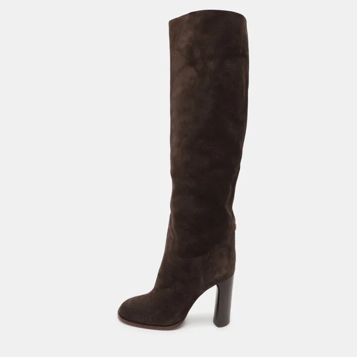Casadei Brown Suede C Chain Embellished Calf Length Boots Size 36