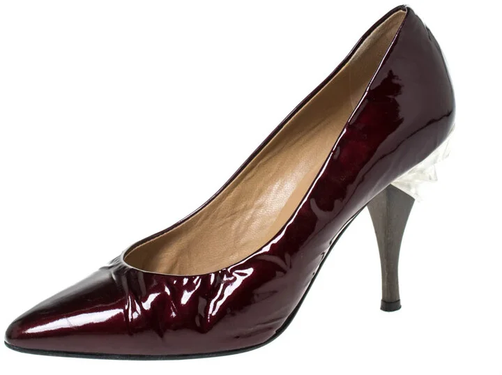 Casadei Burgundy Patent Leather Pointed Toe Embellished Heel Pumps Size 38