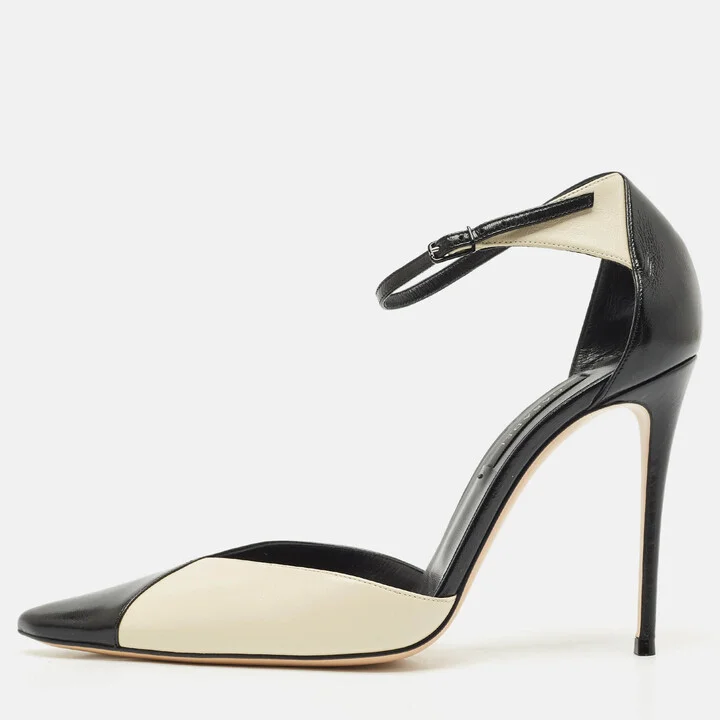 Casadei Cream/Black Leather Pointed Toe Mary Jane Pumps Size 39