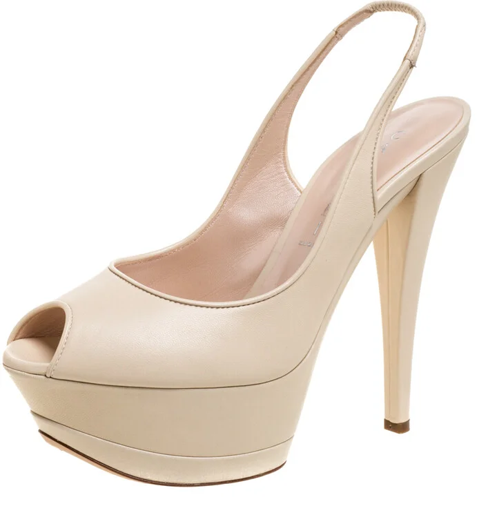 Casadei Cream Leather Platform Slingback Peep Toe Sandals Size 38