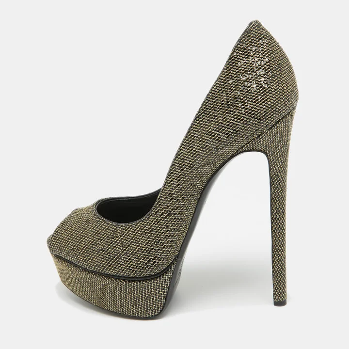 Casadei Gold/Black Glitter & Lame Fabric Daisy Peep Toe Pumps Size 38.5