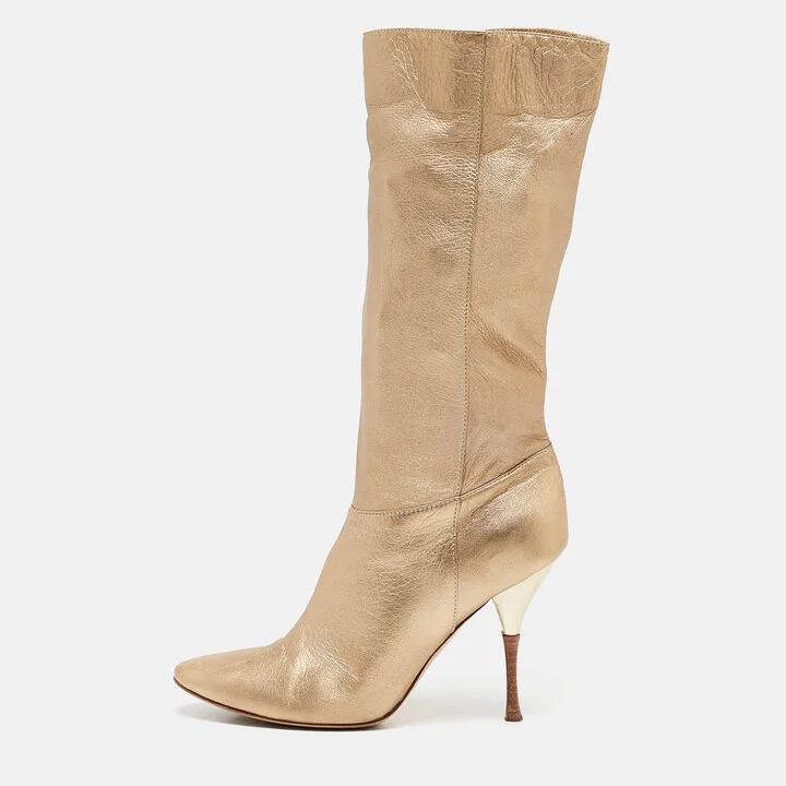Casadei Gold Leather Mid Calf Boots Size 37
