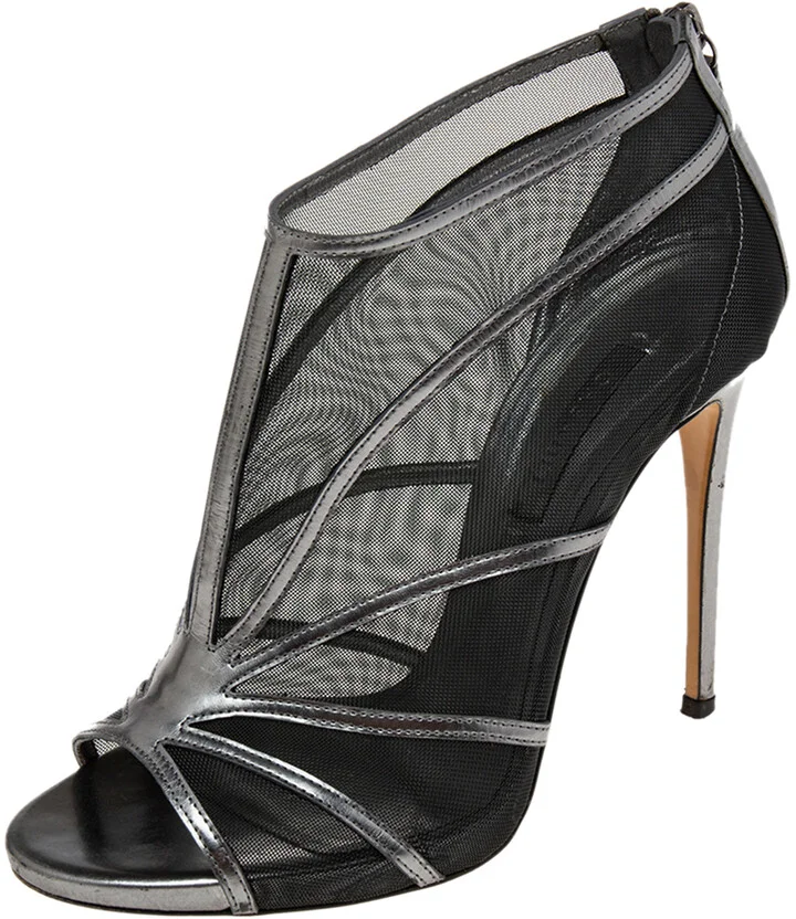 Casadei Metallic Grey/Black Leather and Mesh Open-Toe Ankle Booties Size 38