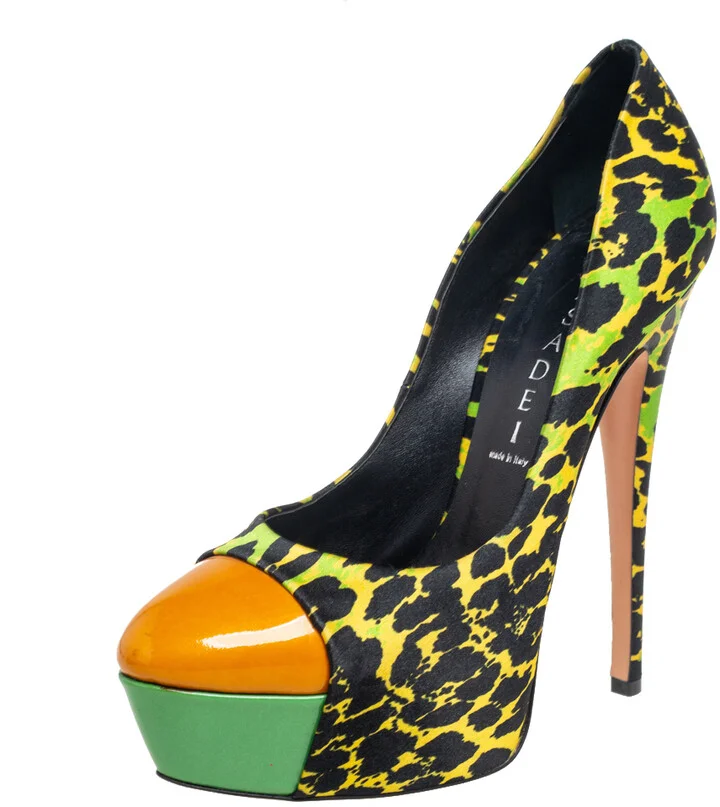 Casadei Multicolor Satin And Patent Leather Cap Toe Platform Pumps Size 37.5