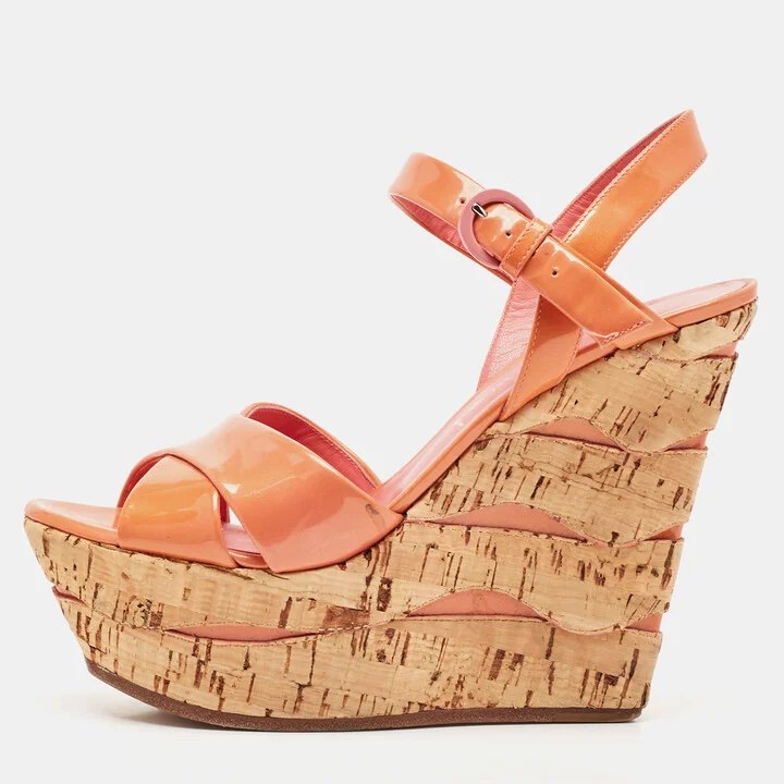 Casadei Pink Patent Leather Cork Wedge Ankle Strap Sandals Size 38