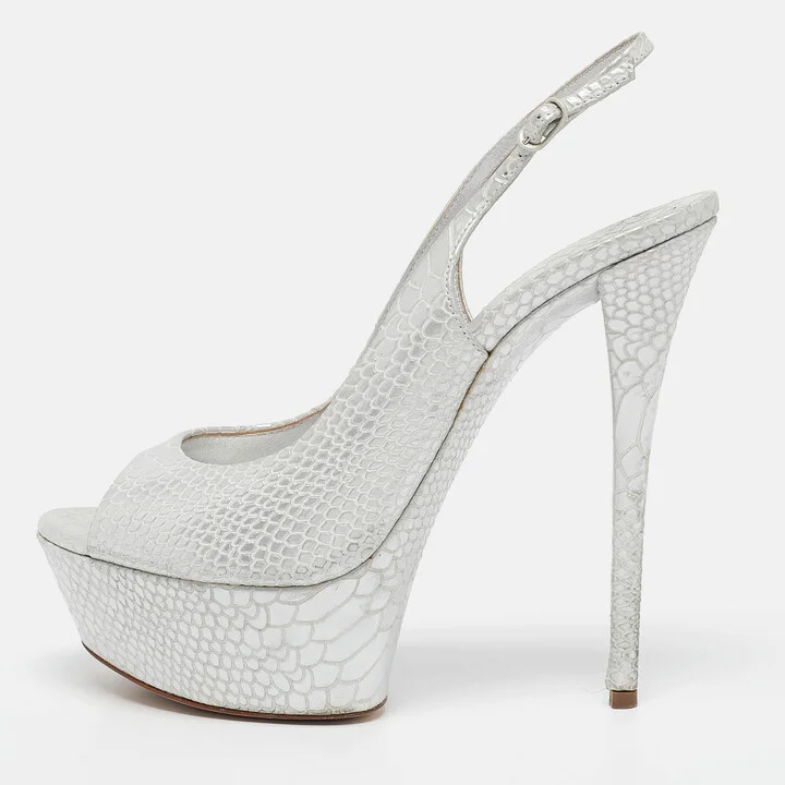 Casadei Silver Python Embossed Leather Peep Toe Slingback Sandals Size 39