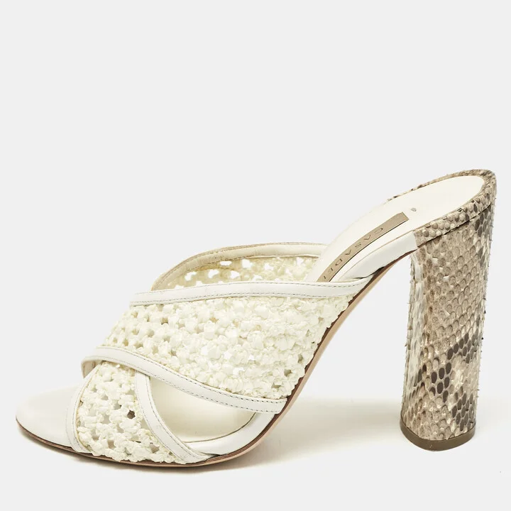 Casadei White/Brown Knit Fabric and Python Leather Slide Sandals Size 36