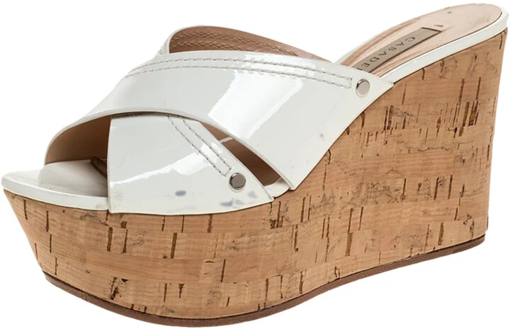 Casadei White Criss Cross Patent Leather Cork Wedge Sandals Size 35