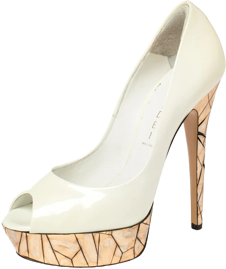 Casadei White Patent Leather Mosaic Mirror Heel Peep Toe Platform Pumps Size 39