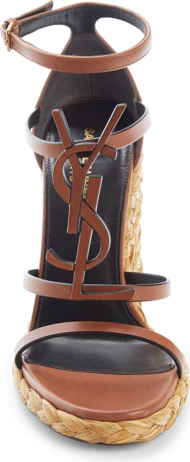 Cassandra YSL Logo Raffia Wedge Sandal - Image 4