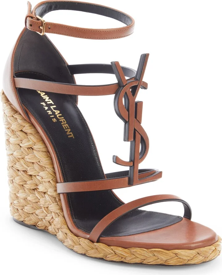 Cassandra YSL Logo Raffia Wedge Sandal