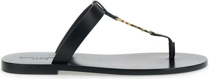 'cassandre' Black Flat Sandals With A T-strap In Leather Woman