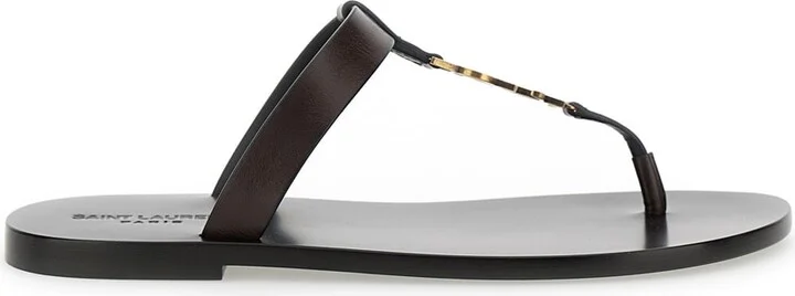 'cassandre' Brown Flat Sandals With A T-strap In Leather Woman