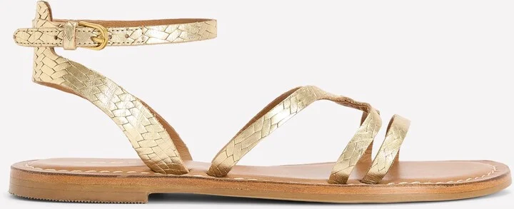 Casual Flat Sandal, Gold Woven Leather