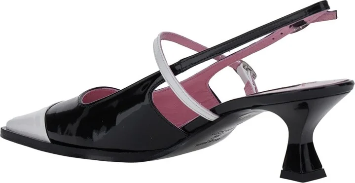 'cecile' Black Slingback Pumps With Contrasting Toe And Sculpted Heel In Leather Woman - Image 3