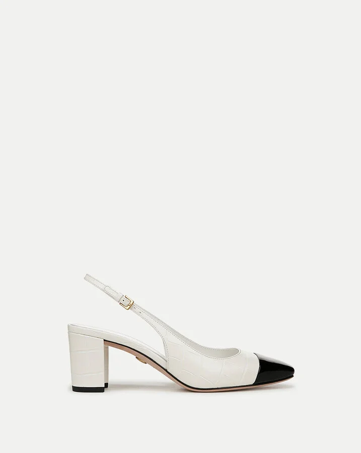 Cecile Croc-Embossed Cap-Toe Slingback Pump White Black