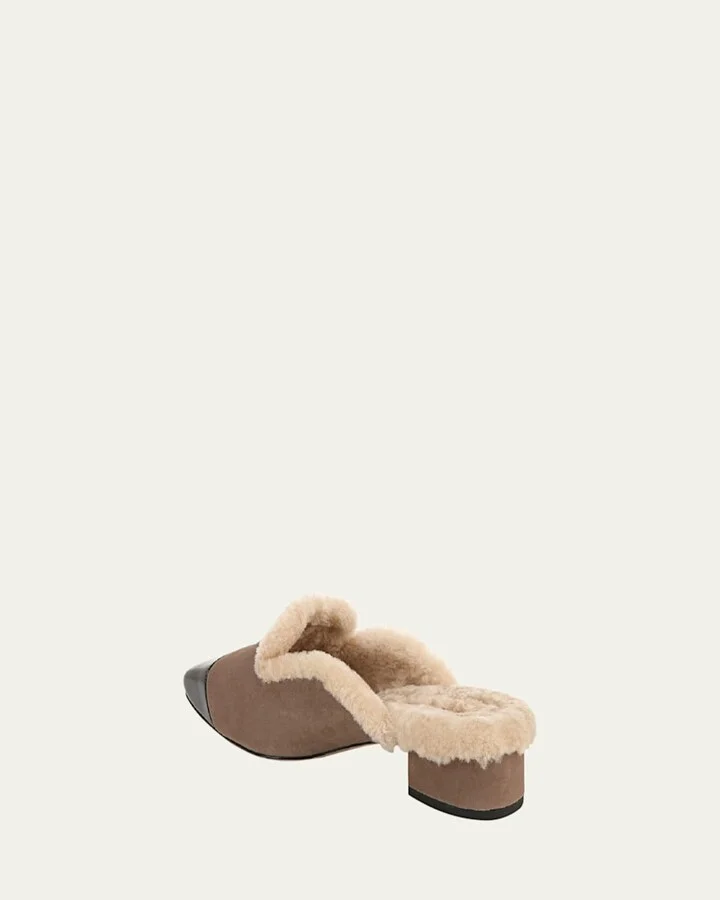 Cecile Suede Shearling Cap-Toe Mules - Image 2