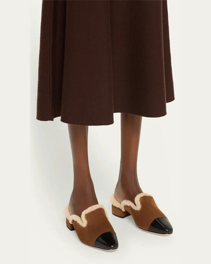 Cecile Suede Shearling Cap-Toe Mules - Image 3