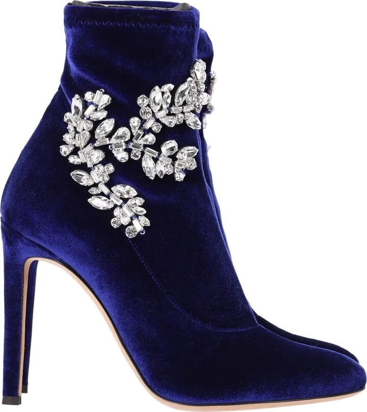 Celesta Crystal Embellisehd Ankle Boots in Blue Velvet