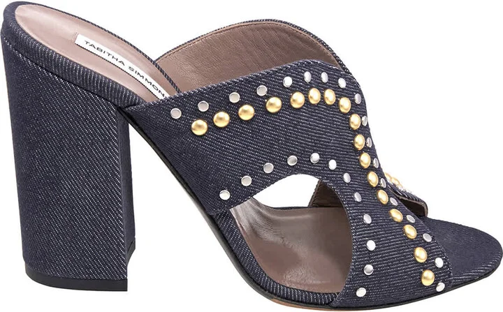 Celia Studded 100mm Denim Slide Sandals, Brand Size 38 (US Size 7)