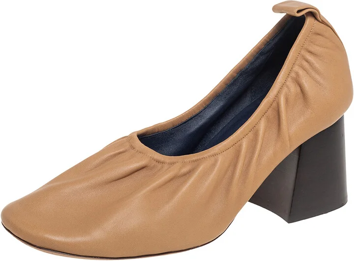Celine Beige Leather Scrunch Ballerina Block Heel Pumps Size 39