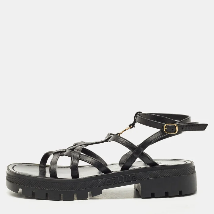 Celine Black Leather Clea Triomphe Strappy Sandals Size 38