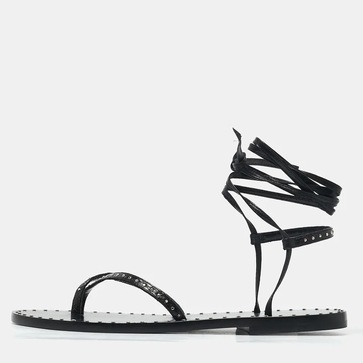 Celine Black Leather Studded Ankle Wrap Flat Sandals Size 36