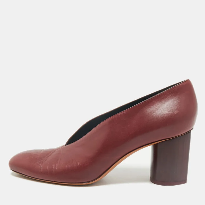 Celine Burgundy Leather V Neck Round Toe Block Heel Pumps Size 40.5