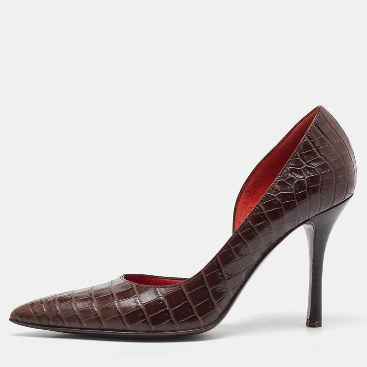 Celine Dark Brown Croc Embossed Leather D'orsay Pointed Toe Pumps Size 37