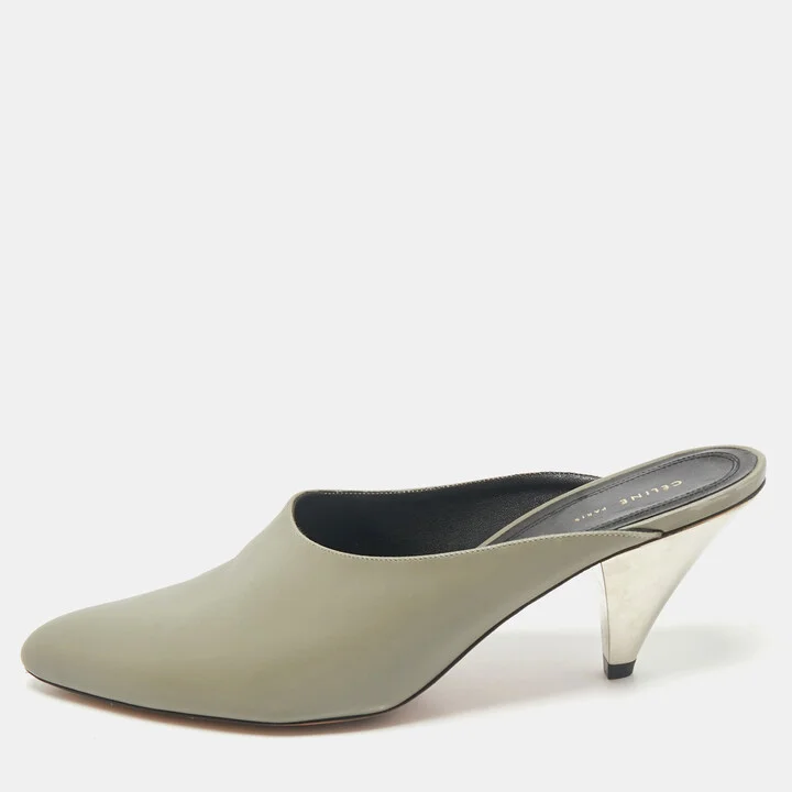Celine Grey Leather Pointed Toe Mules Size 37.5