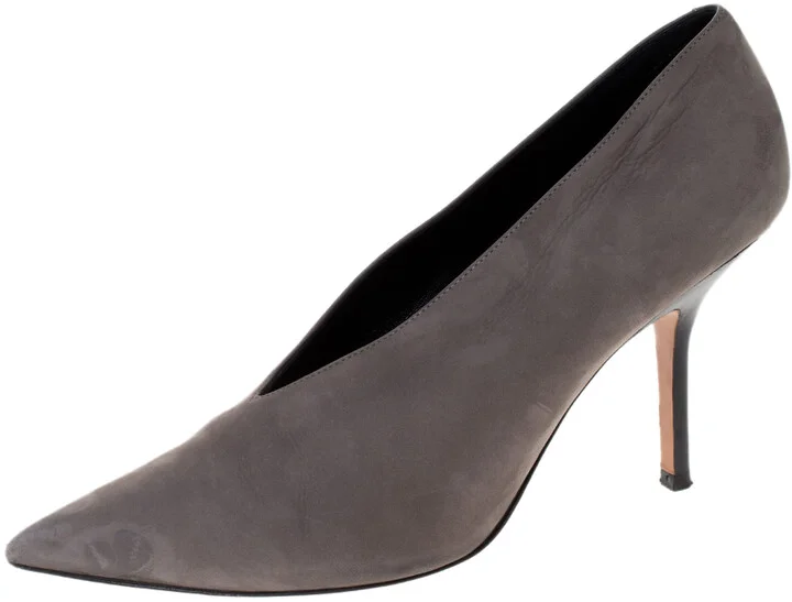 Celine Grey Nubuck Leather V Neck Pointed Toe Pumps Size 38.5