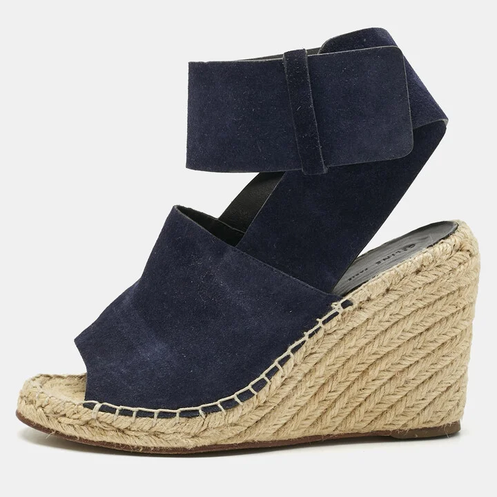 Celine Navy Blue Suede Wedge Ankle Wrap Espadrille Sandals Size 37