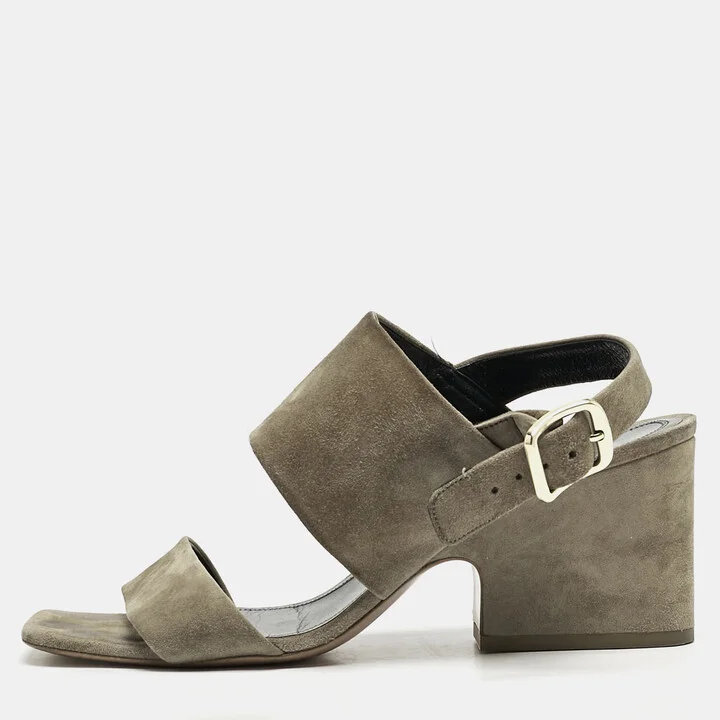 Celine Olive Green Suede Slingback Block Heel Sandals Size 40.5