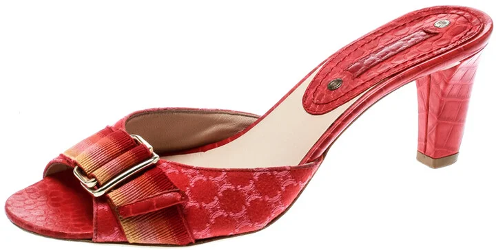 Celine Red Croc Embossed Leather And Fabric Slide Sandals Size 36