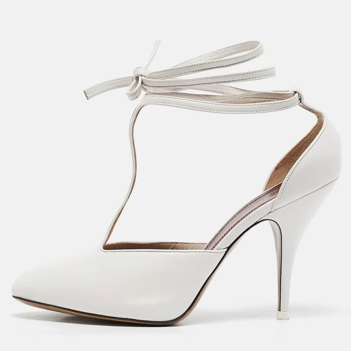 Celine White Leather Night Out T-Strap Ankle Wrap Sandals Size 37.5